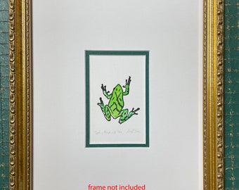 Spring Peeper II frog hand-printed linocut mini print