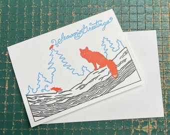 Winter Fox and Cardinals Season's Greetings blank letterpress greeting card