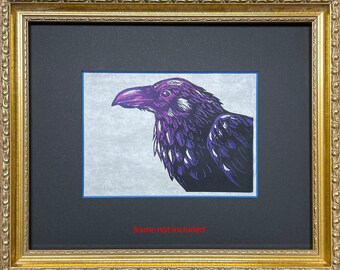 Violet Raven hand-printed linocut