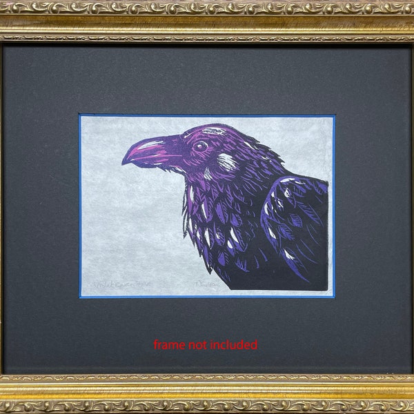 Violet Raven hand-printed linocut