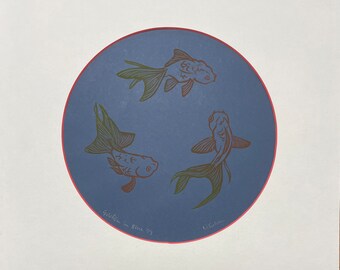 Goldfish in Blue handprinted relief print