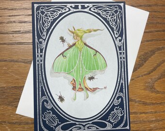 Luna Moth Faery Letterpress & Aquarell Blanko Grußkarte