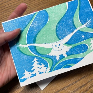 Snowy Owl and Aurora Borealis letterpress hand-printed greeting card image 2