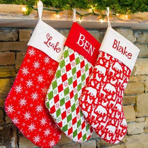 Traditional Handmade Christmas Stocking Personalized Embroidered Stocking Christmas Trees Red and Green Forshee Designs image 1