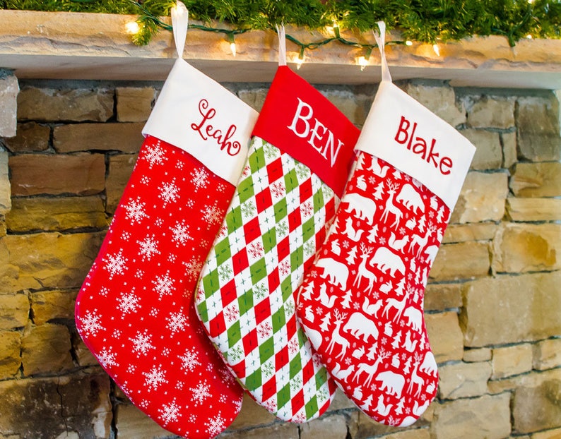 Traditional Handmade Christmas Stocking Personalized Embroidered Stocking Christmas Trees Red and Green Forshee Designs image 1