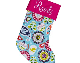 Large Holiday Stocking | Bright Blue Ornaments | Hot Pink Stocking | Personalized Stocking Option Available   Forshee Designs