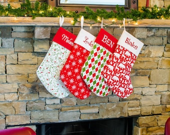 Large Christmas Stocking | Red Stocking | Snowflakes | Traditional Holiday Decor Classic Christmas by Forshee Designs