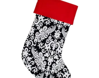 Large Christmas Stocking -- Black and Pink Damask -- Embroidered Stocking Option Available