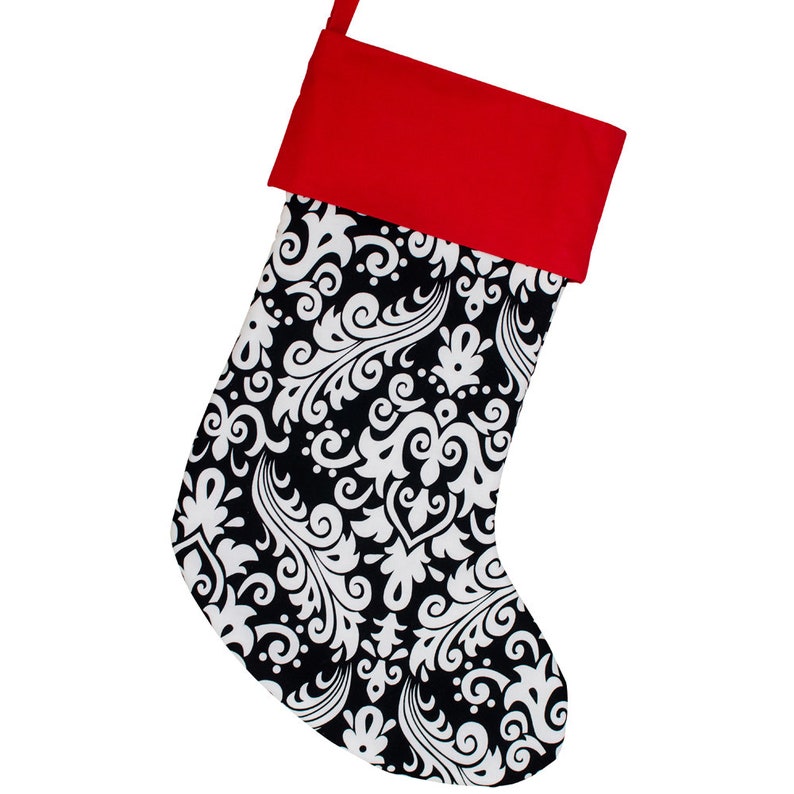 Large Christmas Stocking Black and Pink Damask Embroidered Stocking Option Available image 1