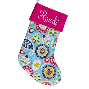 Large Holiday Stocking | Bright Blue Ornaments | Hot Pink Stocking | Personalized Stocking Option Available   Forshee Designs