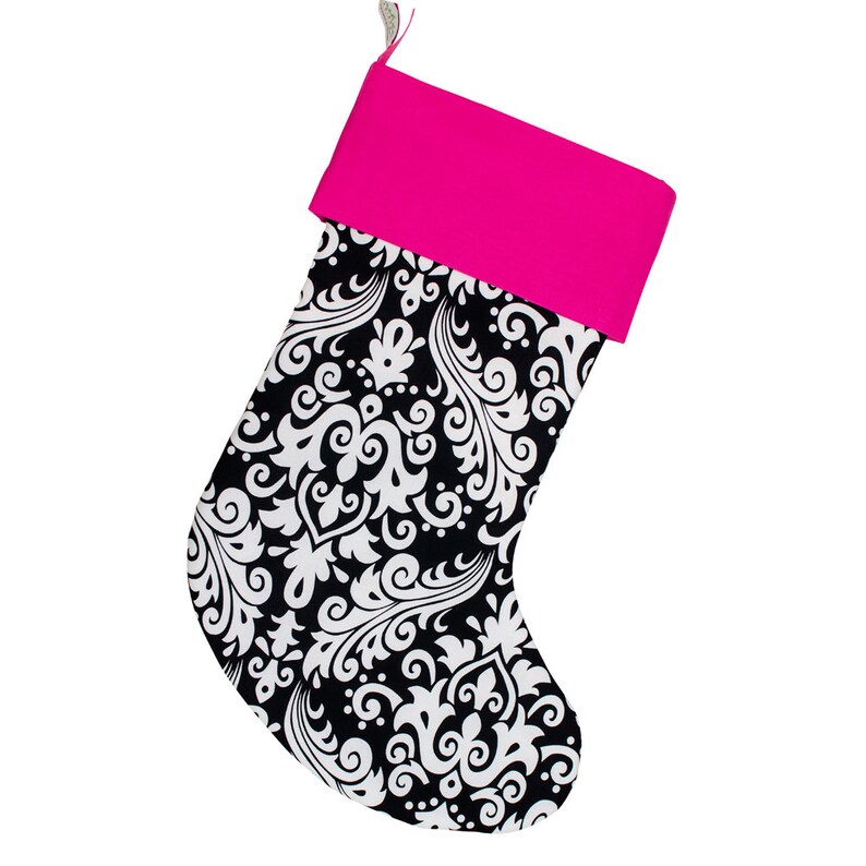 Large Christmas Stocking Black and Pink Damask Embroidered Stocking Option Available image 2