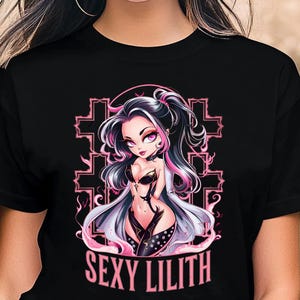 Sexy Chibi Lilith Gothic Anime T-Shirt, Kawaii Dark Goddess Tee, Alternative Waifu Occult Fashion, Cute Mystical Demon Girl Fantasy Art Gift