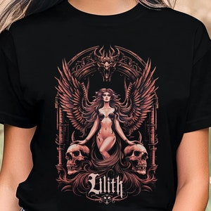 Lilith T-Shirt | Gothic Winged Design with Skulls | Dark Fantasy Art | Feminine Empowerment | Unique Dark Goddess Top | Gothic Gift Shirt