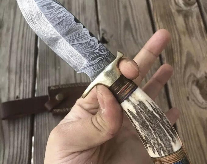 Damascus Steel Handmade Skinner Knife with Stag Antler Handle & Leather Sheath, Hand Forged Camping Knives Anniversary Gift USA