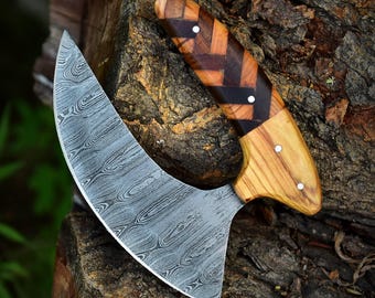 Handmade Damascus Ulu Knife: Chef Kitchen, Pizza Cutter, Wooden Handle