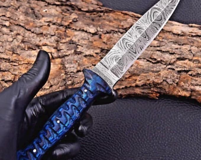Handmade Double Edged Boot Knife Damascus Hunting knife Handmade Knives Bushcraft Camping knife Wood Handle Father Husband BF Gift