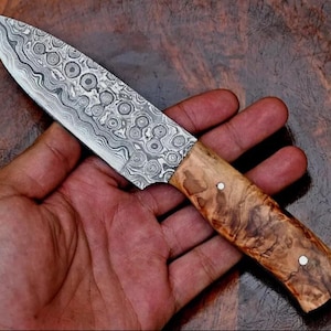 Handmade Damascus Skinner Knife with Leather Sheath: Forged Hunting Camping Survival Knife