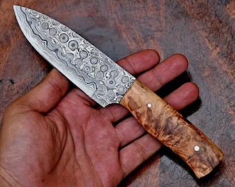 Handmade Damascus Skinner Knife with Leather Sheath: Forged Hunting Camping Survival Knife