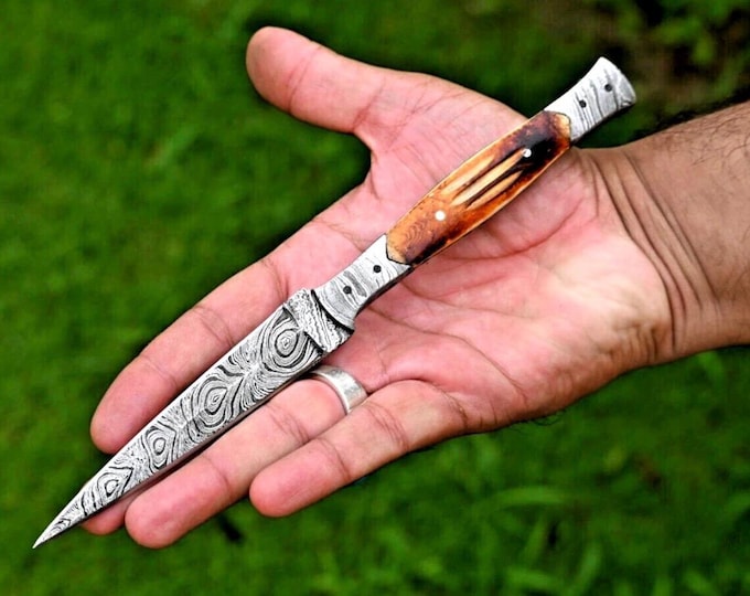 Hand Forged Damascus Steel Boot Knife, Double Edged Bushcraft Outdoor Sports Knife (Leather Sheath)