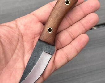 Handmade 1095 High Carbon Steel Knife with Wood Handle & Leather Sheath