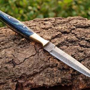 May include: A blue and green patterned handle with a brass bolster and a long, thin, silver blade with a Damascus pattern.