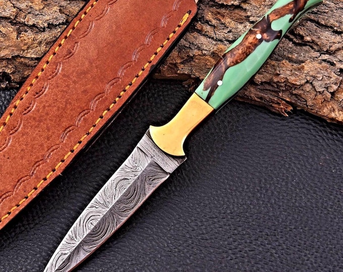 Hand Forged Damascus Steel Boot Knife, Double Edged Bushcraft Camping Outdoor Knife (Leather Sheath)