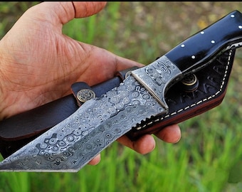 Damascus Tracker Knife with Leather Sheath: Handmade Hunting Camping Knife