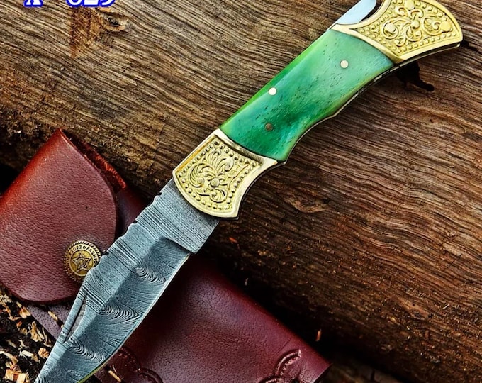 Handmade Damascus Pocket knife Folding Blade Knives With Belt Sheath Birthday Gift Back Lock knife Groomsmen Gift For Men