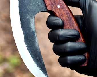 Handmade Carbon Steel Ulu Knife: Alaskan Kitchen Cutter with Leather Sheath