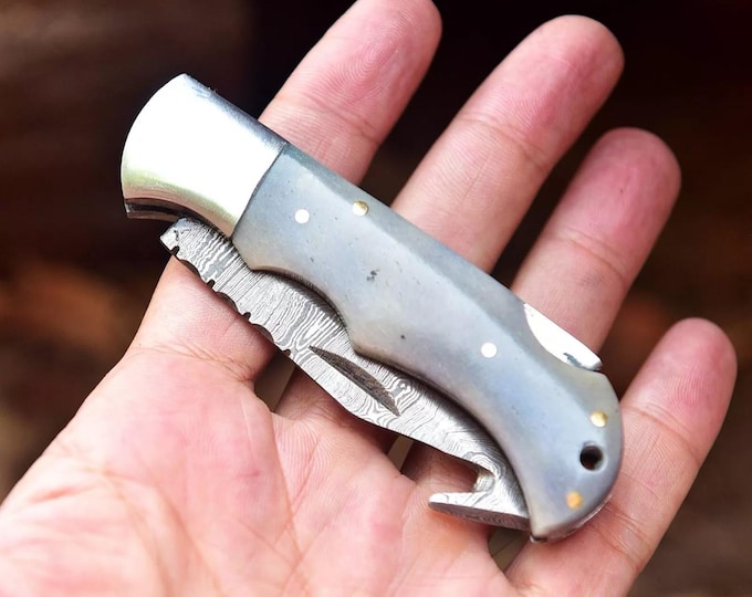 Custom Handmade Damascus Pocket Knife Folding Knife Handmade Lock back knives USA With Sheath Groomsmen Gift Father Gift for Him