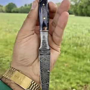 May include: A small, sharp knife with a patterned steel blade and a dark blue handle. The blade is about 6 inches long and has a pointed tip. The handle is made of wood and has a decorative design.