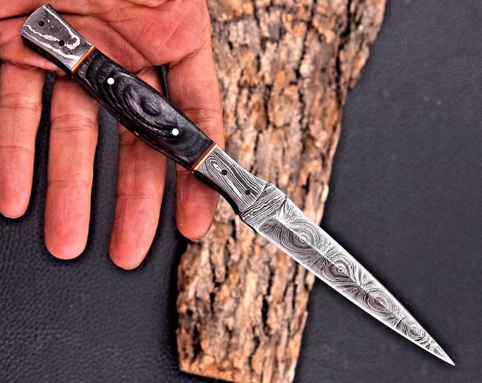 Hand Forged Damascus Steel Boot Knife, Double Edged Bushcraft Camping Outdoor Knife (Leather Sheath)