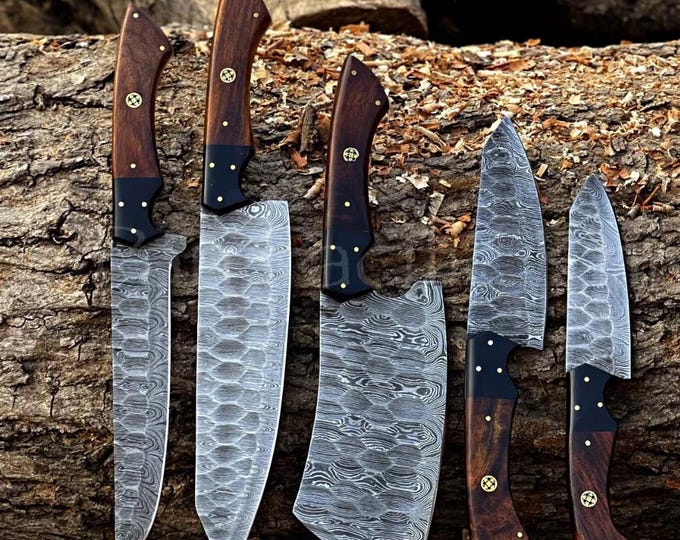 5 Pcs Damascus Steel BBQ Chef Set, Handmade Kitchen knives, Hand Forged Chef knives , Damascus Fillet knife Stea ,Anniversary Birthday Gift