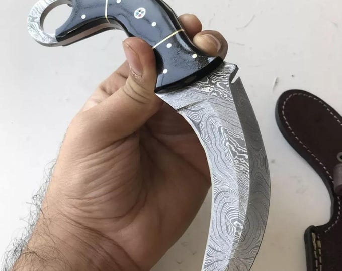 Handmade Damascus Double Edge knife with sheath | Hunting knife | Fixed Karambit blade knife | Personalized Gifts for Him | Christmas Gift