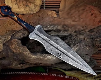 Handmade Damascus Steel Double Edge Knife – Hunting, Bushcraft with Leather Sheath