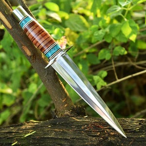 May include: A silver dagger with a wooden handle featuring turquoise and brown accents. The dagger is resting on a branch with green foliage in the background.