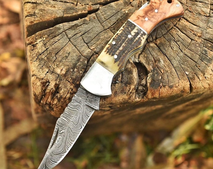 Handmade Damascus Steel Pocket Folding Knife Handmade Lock back knives USA Stag Antler Groomsmen Gift  Anniversary Gifts for Him