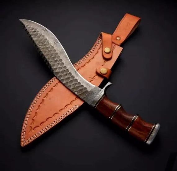 Handmade Damascus Steel Kukri Knife | Bushcraft Hunting Knife with Leather Sheath