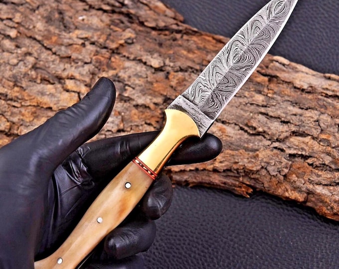 Handmade Double Edged Boot Knife , Damascus Hunting knife , Handmade Knives Gift , Bushcraft knife , Camping knife With Sheath