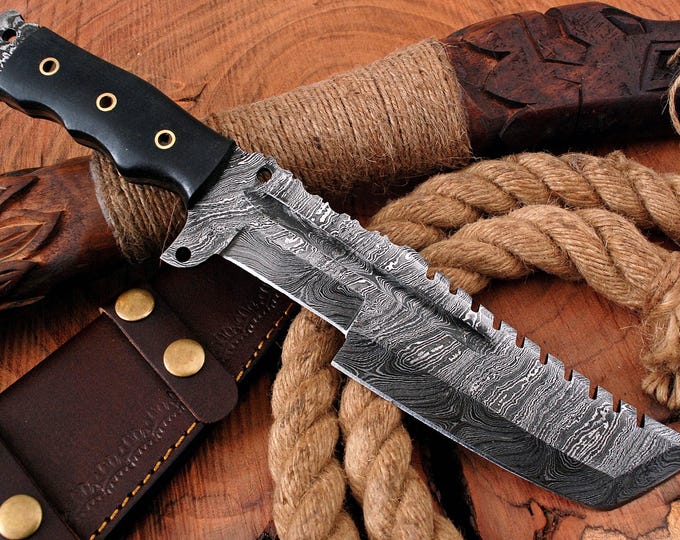 Damascus Kabar knife with sheath | Custom Handmade Bowie knife | Hunting | Camping | Bushcraft | Survival | Outdoors | Best Gift for Men