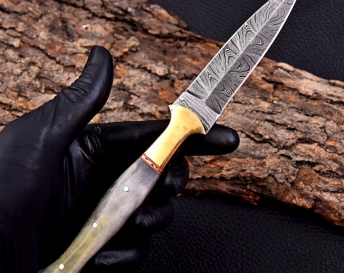 Hand Forged Damascus Steel Boot Knife, Double Edged Bushcraft Outdoor Sports Knife ( Free Leather Sheath)