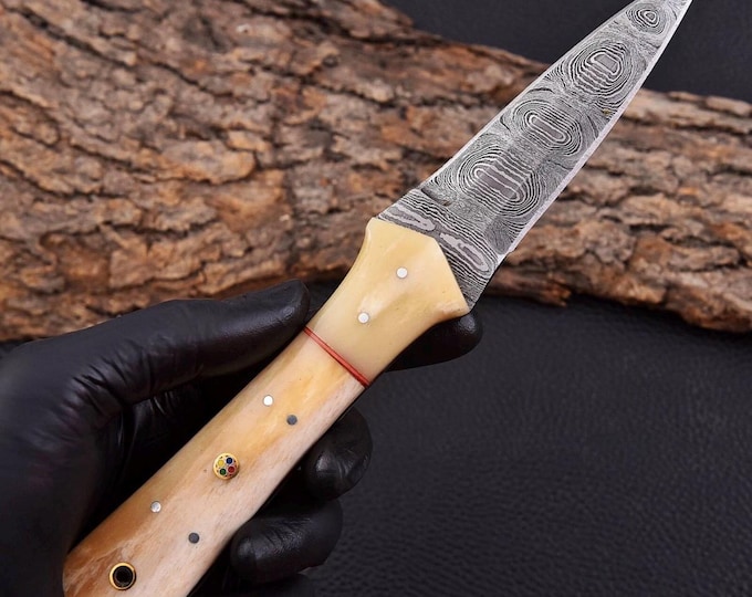 Hand Forged Damascus Steel Boot Knife, Double Edged Bushcraft Camping Knife (Leather Sheath)