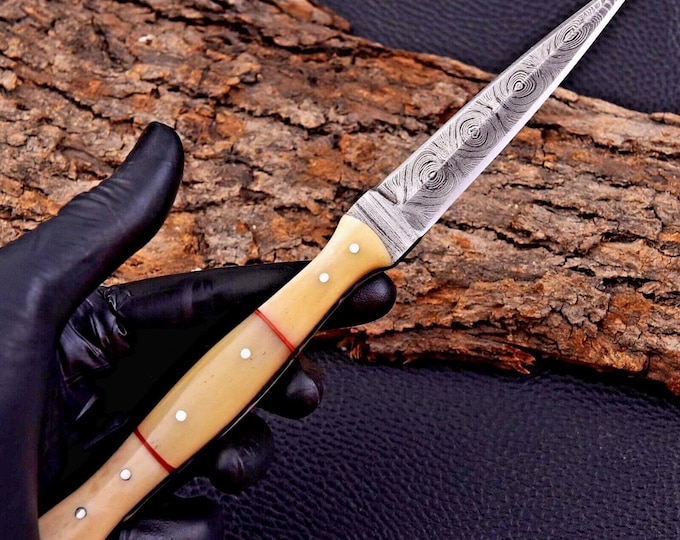Hand Forged Damascus Steel Boot Knife, Double Edged Bushcraft Outdoor Sports Knife biker (Leather Sheath)