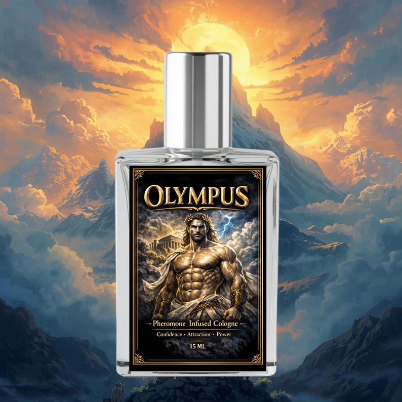 May include: A clear glass cologne bottle with a silver cap. The label features the word "OLYMPUS" above an illustration of a muscular man with a laurel wreath. The background shows a mountain range and a sunset. The text "Pheromone Infused Cologne" is also on the label.
