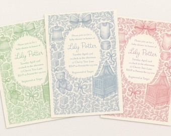 Può includere: Tre inviti per baby shower in colori pastello: verde, blu e rosa. Ogni biglietto presenta un ovale centrale con testo e illustrazioni di articoli per bambini. Gli inviti sono per Lily Potter, con i dettagli dell'evento.
