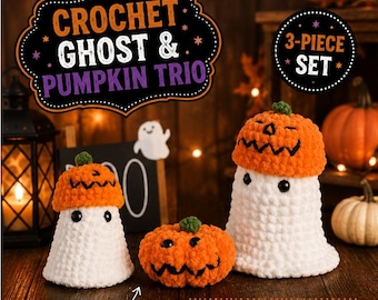 Gehäkeltes Geister- und Kürbis-Trio, 3-teiliges Halloween-Plüschset, abnehmbare Kürbishüte