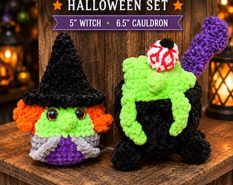 Gehäkeltes Hexen- und Kessel-Halloween-Set, handgefertigtes, gruselig-süßes Plüsch-Duo
