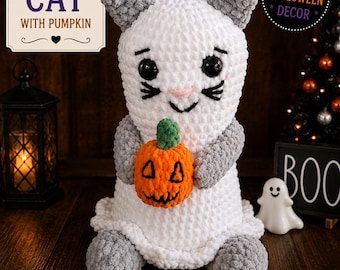 Halloween-Katzenplüschtier / Katze mit Kürbis