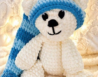 Crochet Polar Bear Plush | Handmade Stuffed Animal | Blue Winter Hat Bear