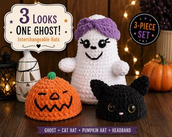 Handgehäkelter Geist mit 3 austauschbaren Hüten